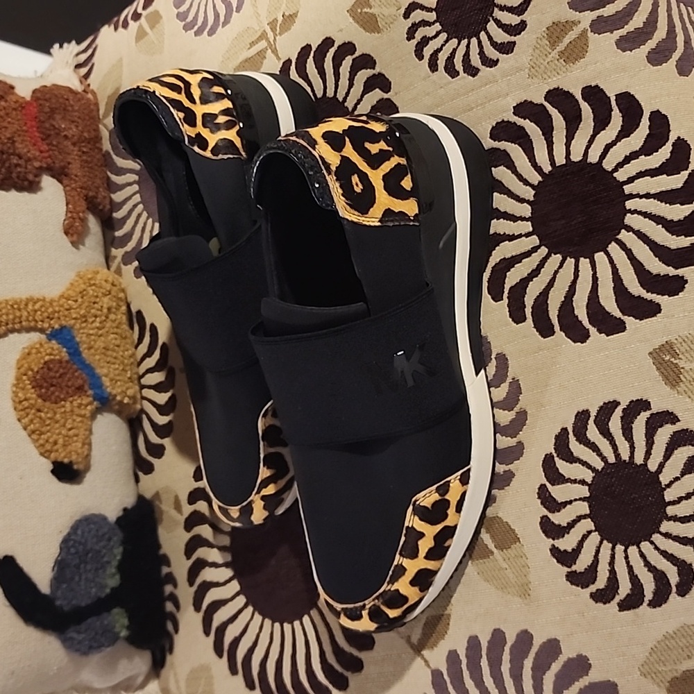 MICHAEL Michael Kors Black Slip-On Sneakers with Leopard Accents